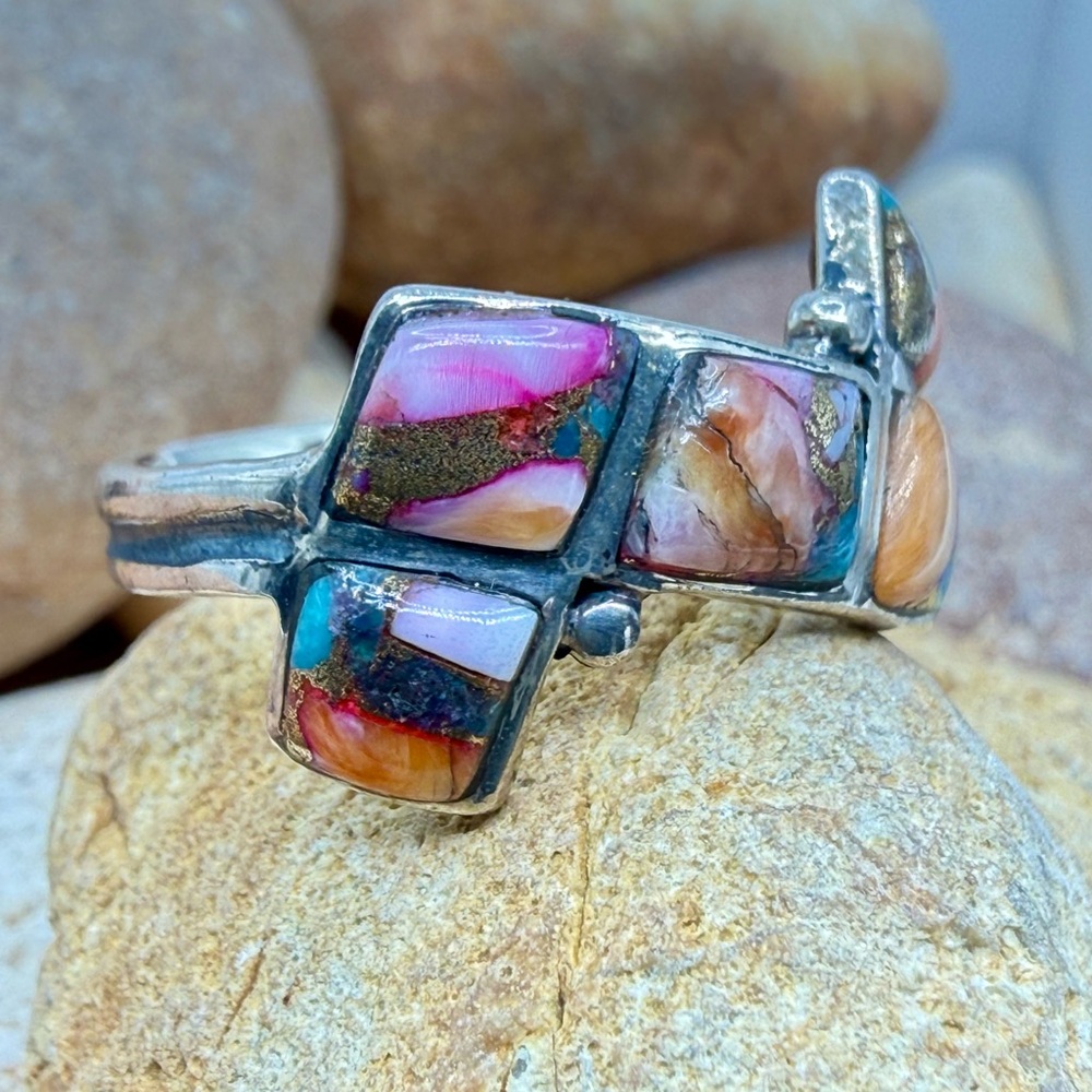 Santa Fe Multi Gemstone 925 Sterling Silver Ring Sz 8 5.5ctw Southwestern Style - Picture 10 of 17